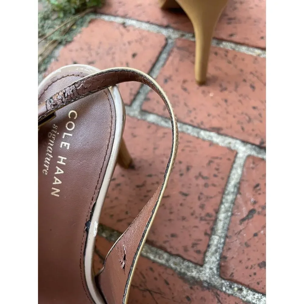 Cole Haan Signature Patent Leather Peep Toe Slingback Heels Tan Women's Size 7B